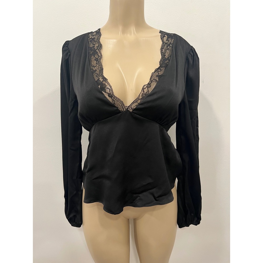 Elodie Blouse Womens Size Small Black Whimsigoth Satin Lace Trim V-Neck Tie NWT